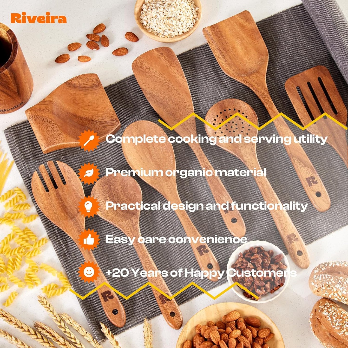Riveira Walnut Wooden Spoons for Cooking Set of 9 – Natural Walnut Wooden Cooking Utensils, Wooden Spatula, Wooden Spoon - Premium Quality Wooden Utensil Set for Non-Toxic Cooking