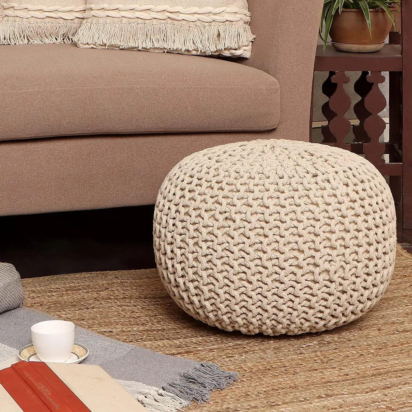 REDEARTH Round Pouf Ottoman - Cable Knitted Boho Poof - Home Décor Cord Pouffe Handmade Circular Footrest for Living Room - Bedroom - Kids Bedroom - 100% Cotton Pouf (19.5"x19.5"x14") - Natural