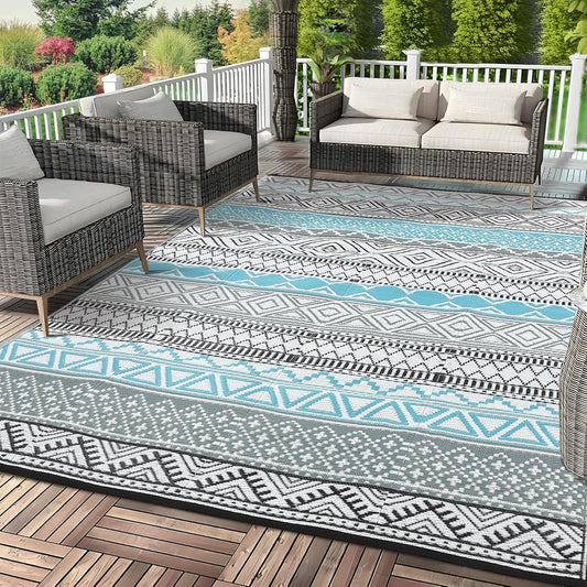 GAOMON Reversible Outdoor Rug 9'x18' Waterproof Plastic Straw Rug, Patio Rug, Large Modern Area Rug Carpet, Indoor Outdoor Rugs for Camping, Porch, Deck, Balcony, Backyard, Blue/Grey(Bohemia)