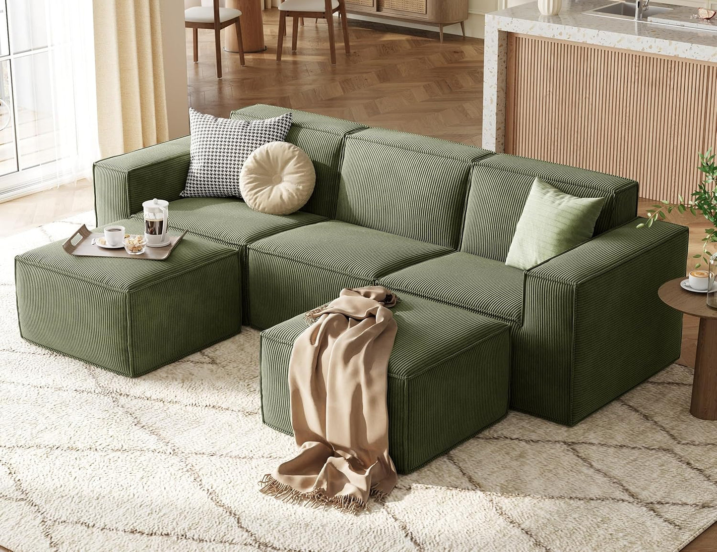 LINSY HOME Modular Sectional Sofa, 105" Boneless Couch U Shaped 3-Seat Sofa with 2 Ottomans, Corduroy Sectional Cloud Couches for Living Room, No Assembly Required, Green
