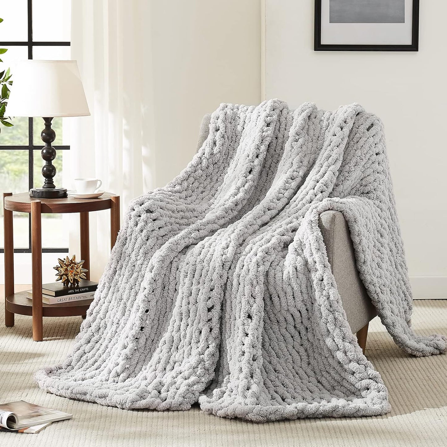 L'AGRATY Chunky Knit Blanket Throw: 30''x40'' Chenille Knitted Throw Blankets for Bed Couch - Handmade Thick Big Cable Knot Blanket - Large Chunky Crochet Rope Blankets for Home Decor(Grey)