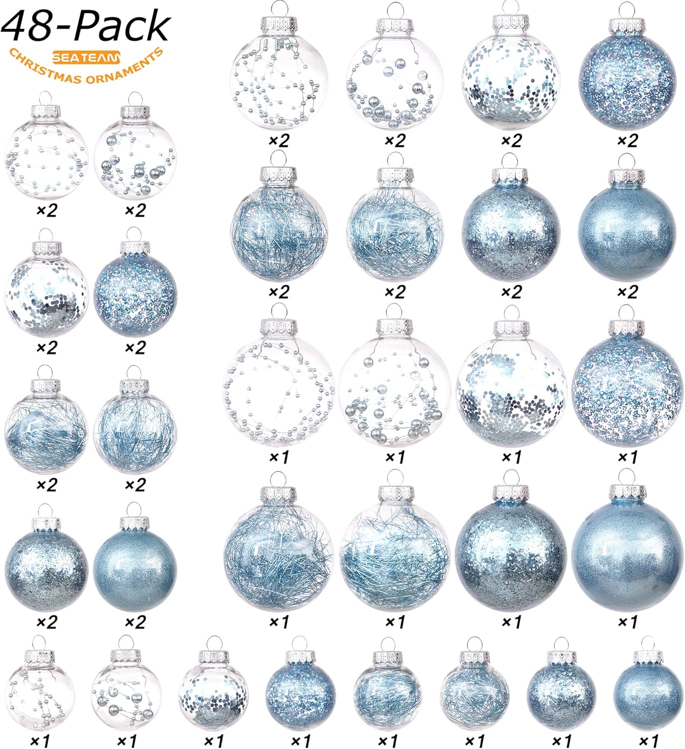 Sea Team Pack of 48 Shatterproof Clear Plastic Christmas Baubles Multi-Size Decorative Christmas Baubles with Stuffed Delicate Decorations (Babyblue)