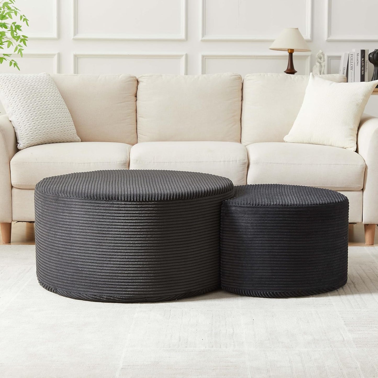 WILLIAMSPACE 50" Foam Nesting Coffee Table Set of 2, Modern Upholstered Round Center Tables for Living Room, Accent Side Tea Table Ottoman, No Assembly - Black