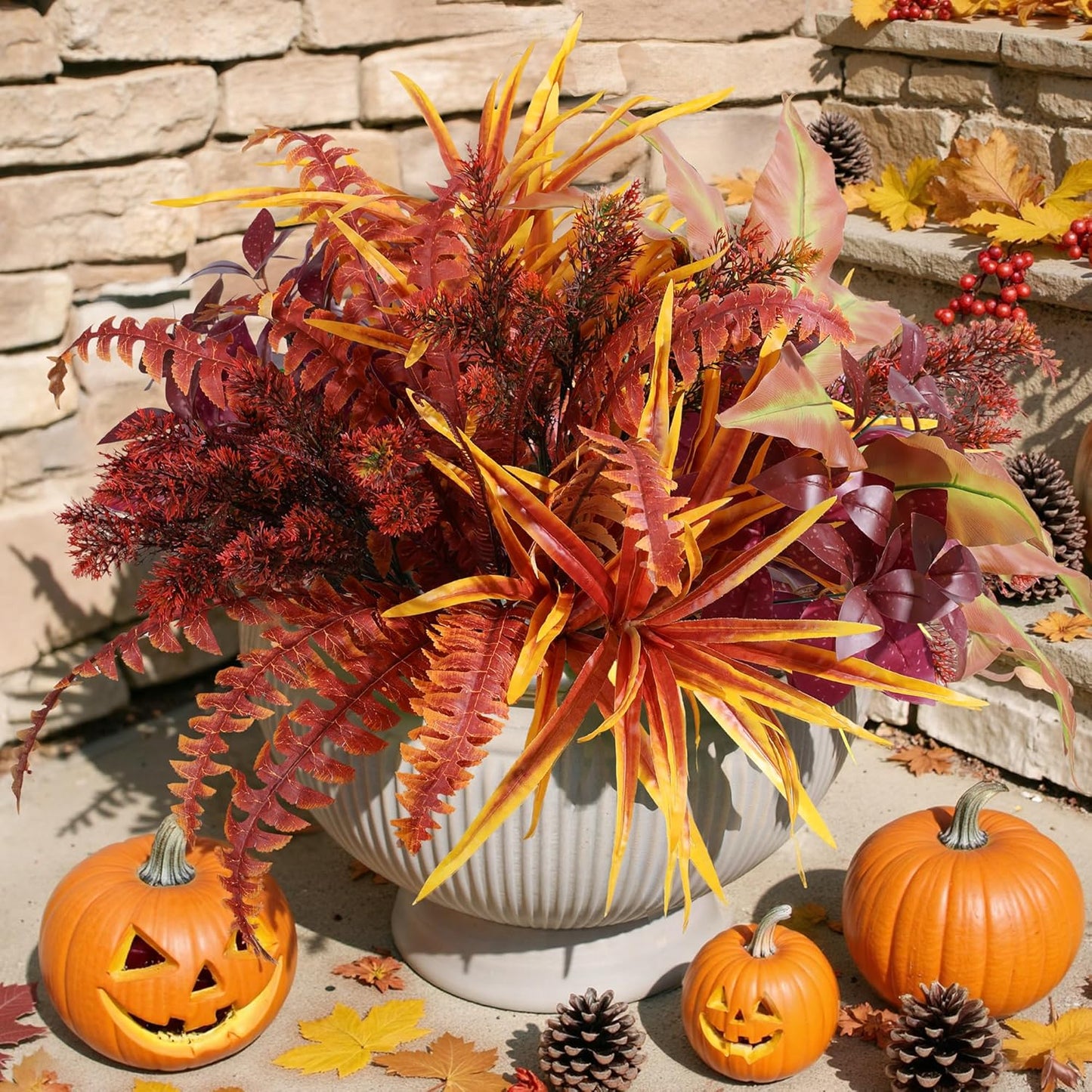Artificial Fall Plant Large Bunches Greenery Plants Fake Plastic Leaves with Stems UV Resistant Outside Faux Plants Bushes for Autumn Outdoor Patio Garden Front Porch Yard Decor (Fall Color)
