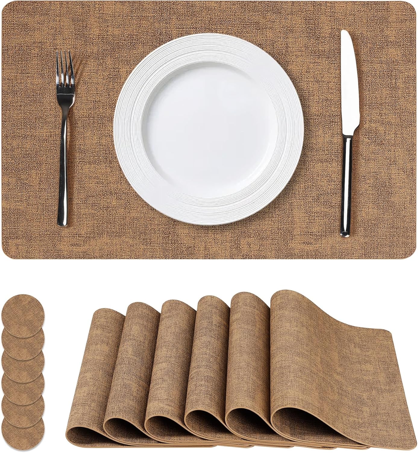 Vinyl Placemats Set of 6, Faux Leather Waterproof and Heat Resistant Place Mats, Washable Anti-Slip Table Mats with Coaster, Wipeable Placemats for Indoor & Outdoor 17" x 12" (Light Brown, Set of 6)