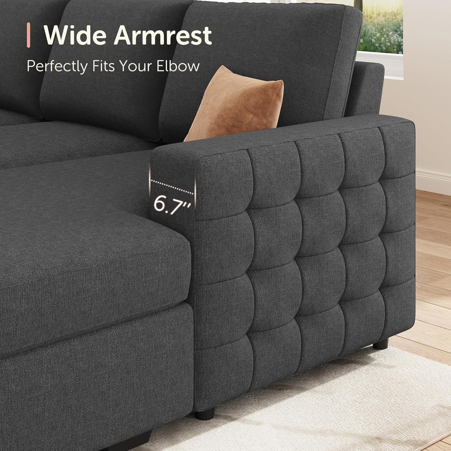 HONBAY Sectional Couch with Pull Out Bed, U-Shaped Sectional Sleeper Sofa with Storage, 6 Seater Sectional Sofa Bed, Mid-Grey