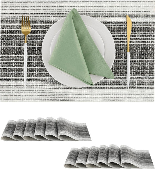Leetaltree Black with White Woven Placemats Set of 12 - Heat Resistant Non-Slip Place mats for Dining Table, Washable Durable PVC Vinyl Woven Table Mats(Black with White, 12)