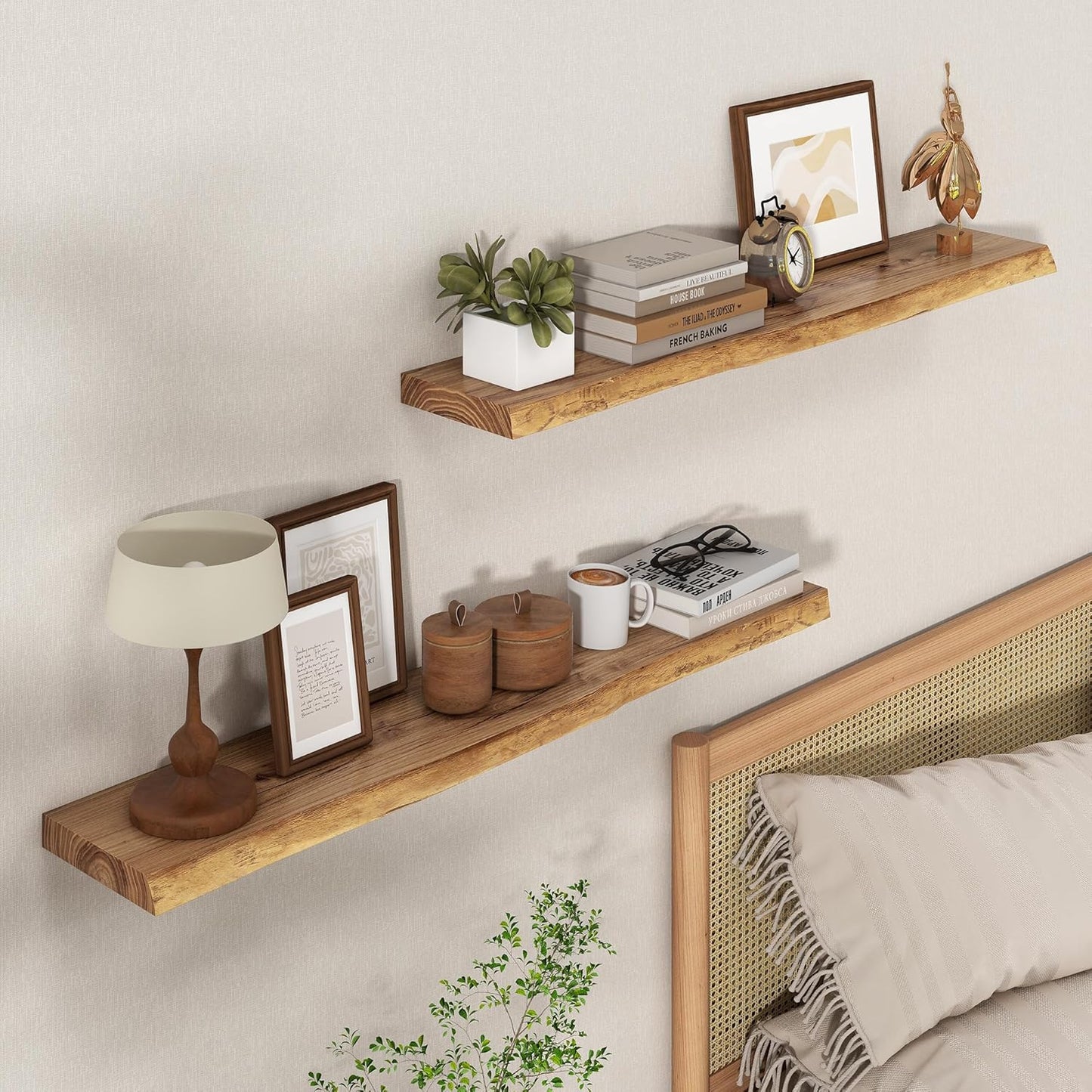 Axeman 40 inch Floating Shelves for Wall - 8'' D Live Edge Rustic Solid Elm Wood Floating Shelves Wall Mounted, Wall Shelves with Invisible Bracket for Living Room Bedroom Kitchen, 1 Pc Natural