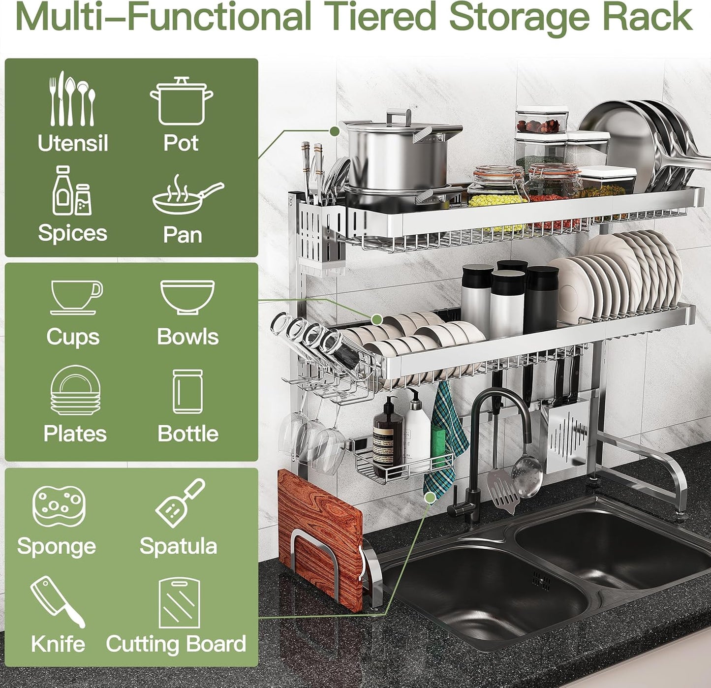 3 Tier Extra Large Stainless Steel Expandable Over The Sink Dish Drainer Drying Rack, Rust Proof Metal, Space Saving, Modern Silver Big Capacity Extendable Plate Strainers Above Kitchen Counter