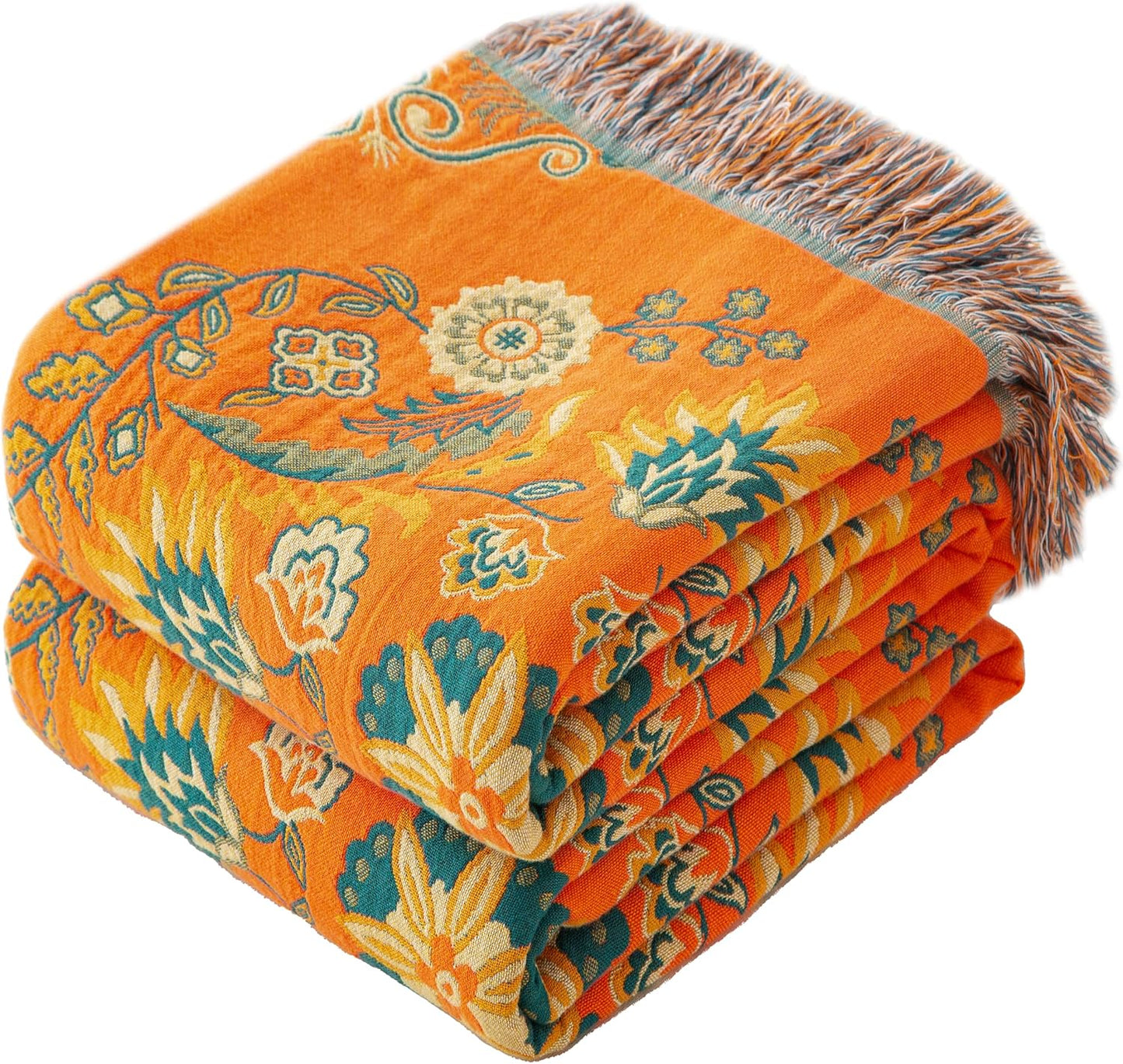 Boho Throw Blanket Queen Size, Oversized Soft Cozy Cotton Muslin Quilt Blanket for Bed Decor, Floral Patterned Couch Sofa Chair Cover, Vintage Farmhouse Cottage Woven Blanket, Orange&Green