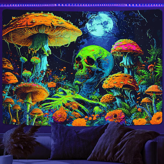 Xiaoput Blacklight Skull Tapestry, Black Light Skeleton, UV Reactive Neon Gothic for Men, Glow in Dark Trippy Forest Wall Hanging, 60X51IN