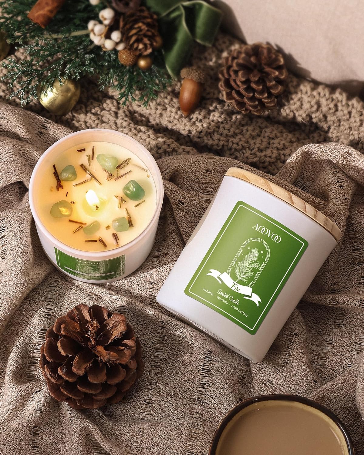 AOOVOO Fir Scented Candles for Women - Aromatherapy Candle with Crystals Inside, 10oz Soy Candles for Home Scented, Birthday Gifts Candle for Women Mom