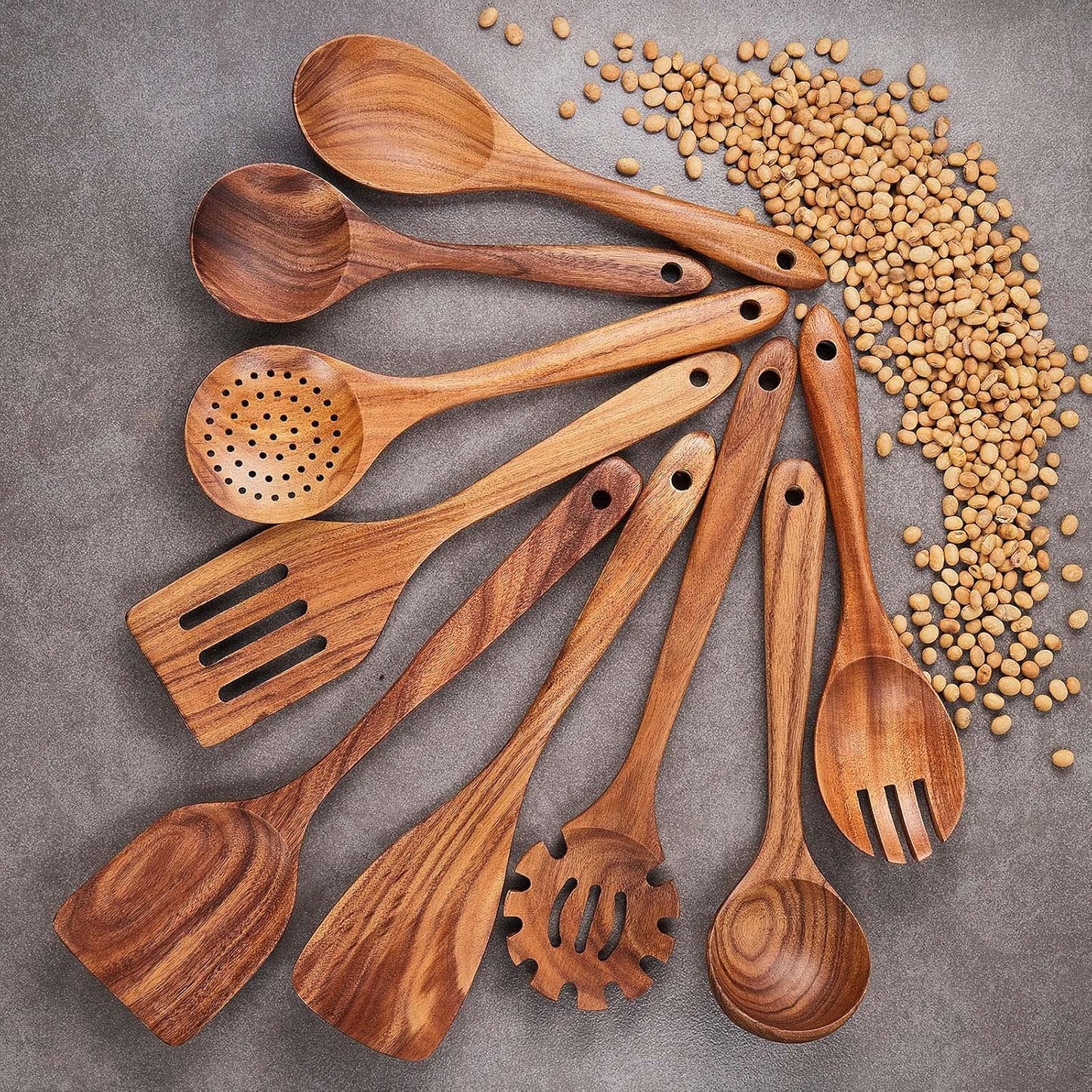 Wooden Kitchen Utensils Set,GUDAMAYE 9 PCE Natural Teak Wooden Spoons For Non-stick Pan for Cooking,