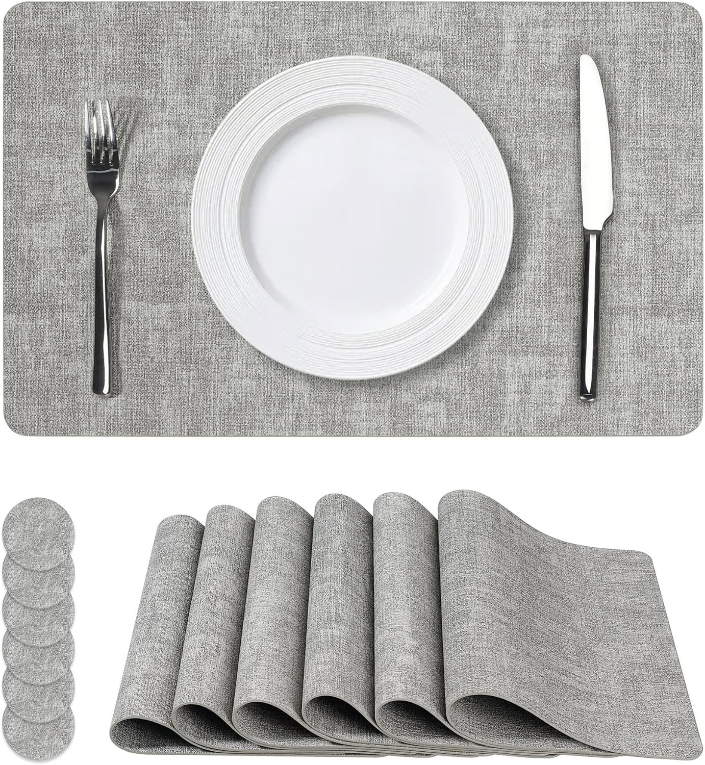 Vinyl Placemats Set of 6, Faux Leather Waterproof and Heat Resistant Place Mats, Washable Anti-Slip Table Mats with Coaster, Wipeable Placemats for Indoor & Outdoor 17" x 12" (Light Grey, Set of 6)
