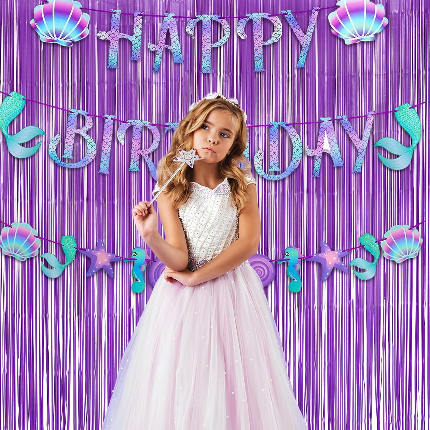 Purple Foil Fringe Party Backdrop - GREATRIL Party Streamers for Mermaid/Butterfly/Wednesdays/Star Birthdays Party Decoration - 3.2ft X 8.2ft - 2 Packs