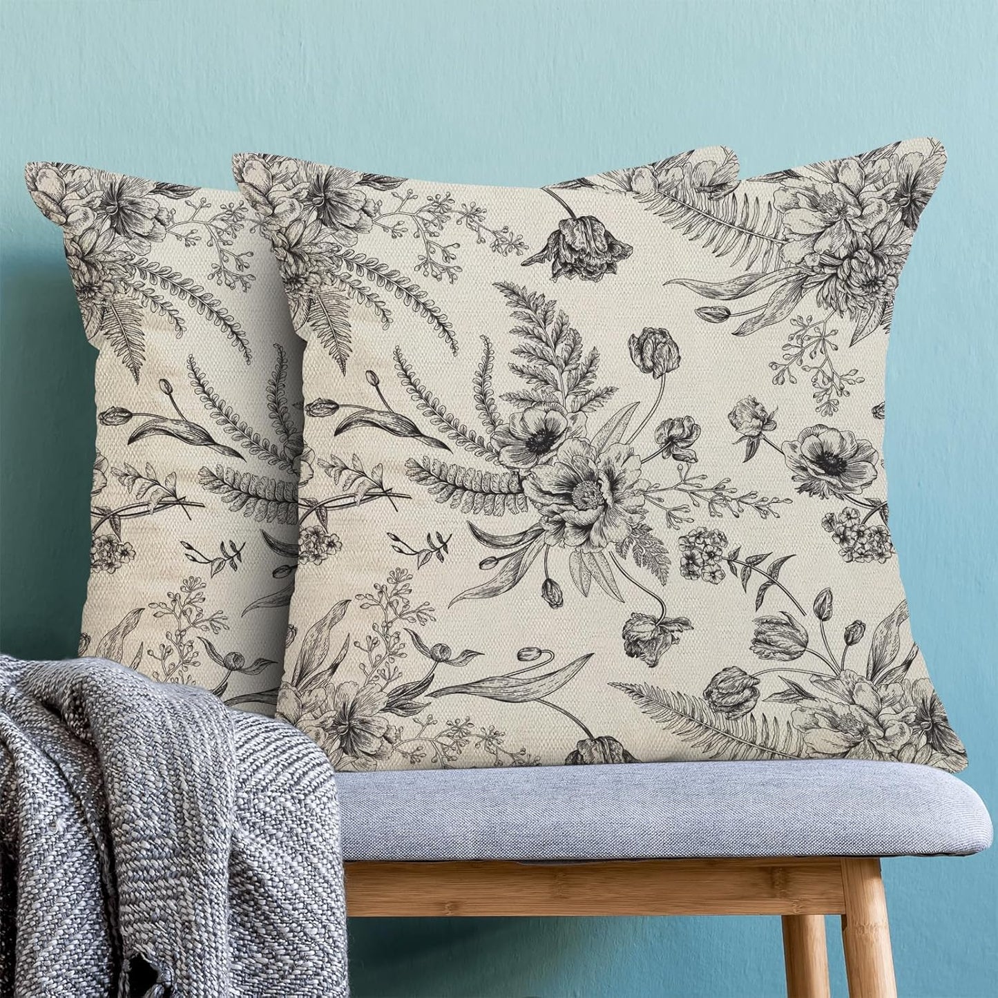 CXMEIFLY Spring Floral Leaves Pillow Covers 18 x 18 Inch Set of 2 for Chinoiserie Flowers Decor Throw Pillows Black and White Seasonal Plant Outdoor Decorative Cushion Cases for Couch Bed Decorations