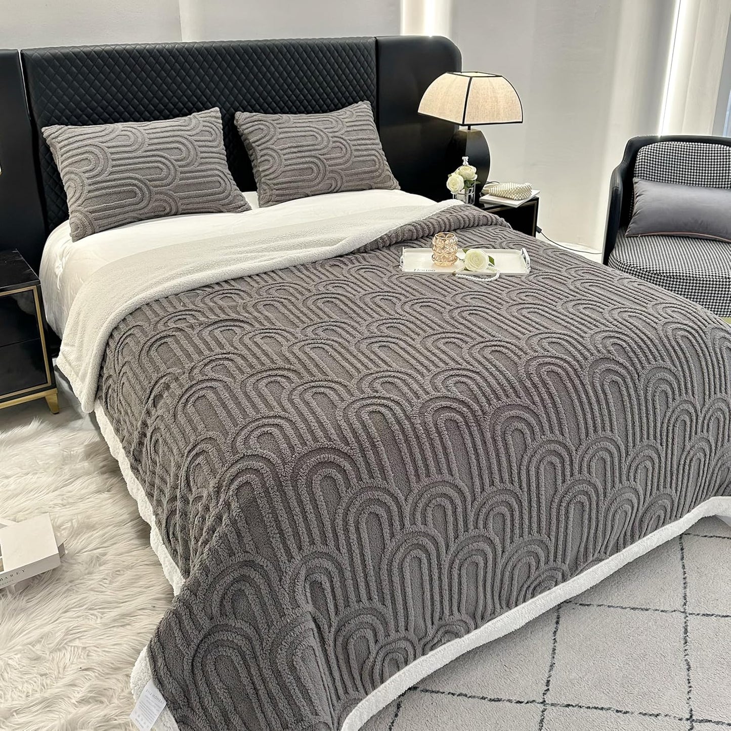 UKELER Sherpa Fleece Blanket 60 × 80 inch, Ultra Soft Twin Size Throw Blanket for All Season, Cozy Plush Arch Blankets for Bed Couch Sofa Office Camping, Dark Grey