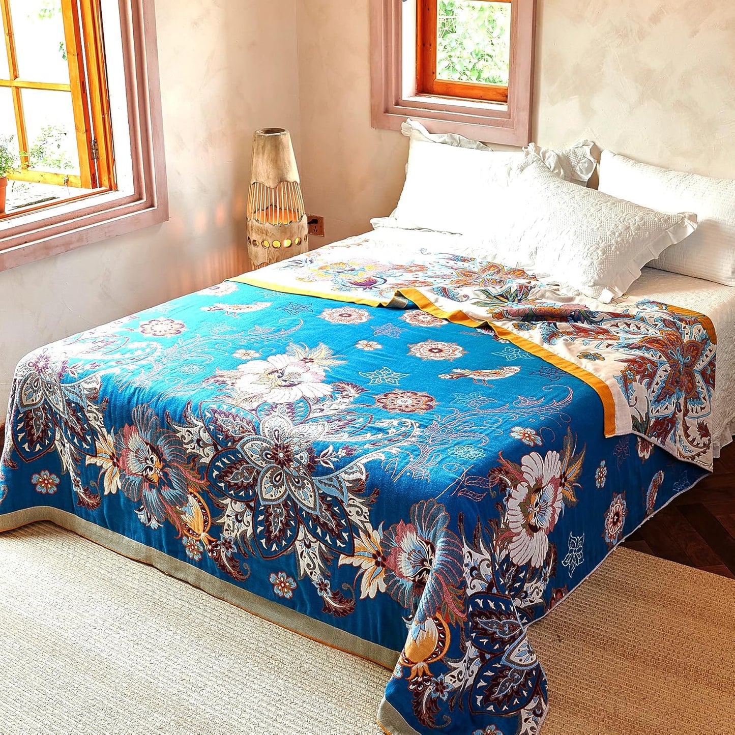 Boho Throw Blanket, 100% Organic Cotton Breathable Ultra Soft Bed Quilt Throw - All Season Floral Bird Butterfly Farmhouse Decor Blanket for Sofa Couch Chair and Gift. 50" x 60"