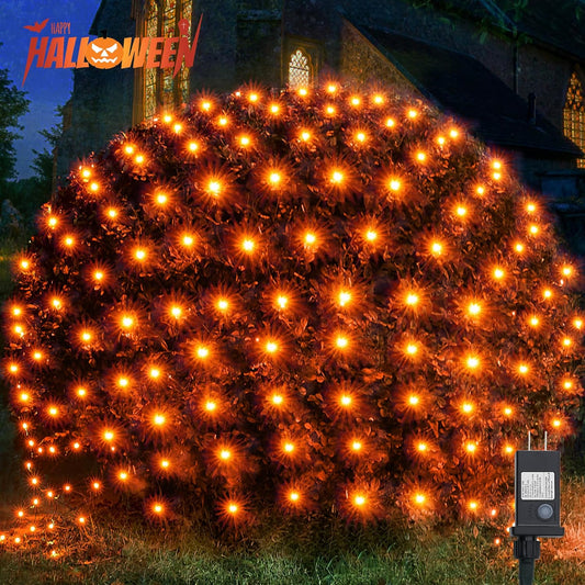 WBao Halloween Lights Outdoor 200LED 8.4ft x 5.2ft Orange Net Lights with 8 Modes, Timer, UL Certified, Connectable, Waterproof & Dark Green Wire for Lawn, Bushes, Trees, Outdoor Halloween Decorations