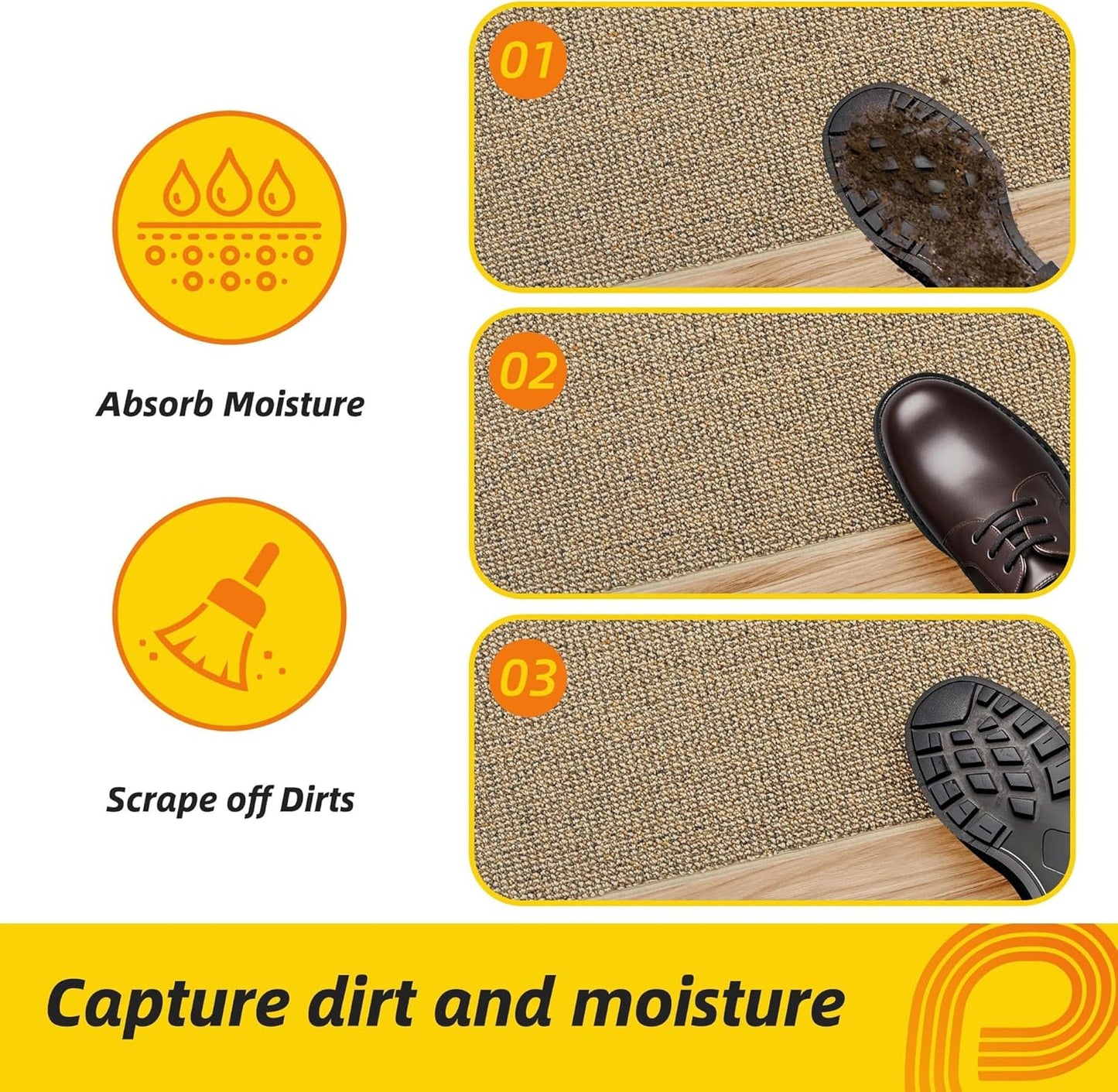 JSEI Dirt Trapper Door Mat 24"x60" Non-Slip Washable Entrance Mat, Dog Doormats, Absorbent & Fade-Resistant Floor Mats, Low Profile Welcome Mats for Entryway, Front Door, and Inside Entrance, Beige