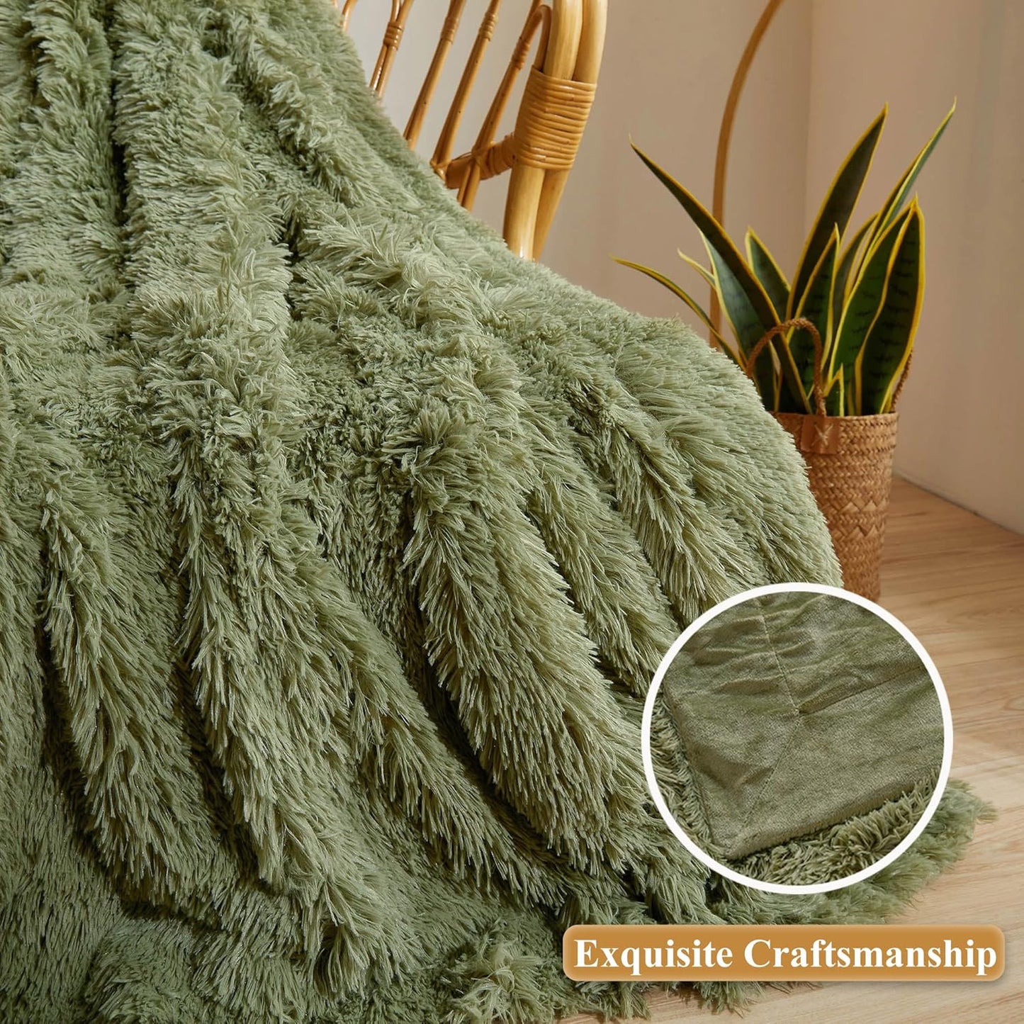 XeGe Luxury Faux Fur Throw, Moss Green Soft 50x60 Fluffy Blanket, Shaggy Plush Decorative Couch Throw, Cute Furry Throw Fuzzy Office Lap Blanket for Bedroom Living Room Sage Green