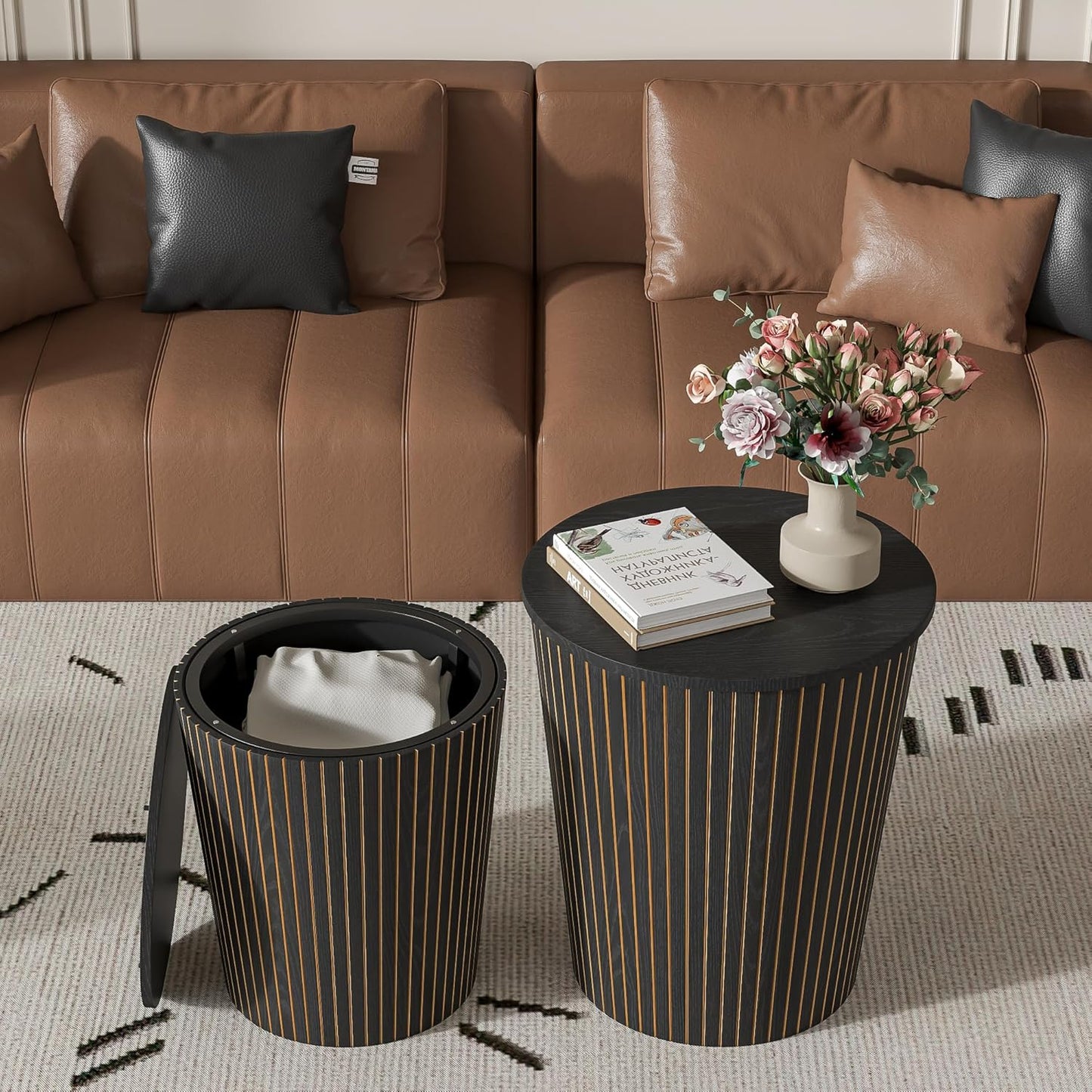 Round Coffee Table Set,2-Piece Modern Farmhouse Living Room End Table Set, Nesting Table Round Natural Finish for Living Room (Black, 17.72'')