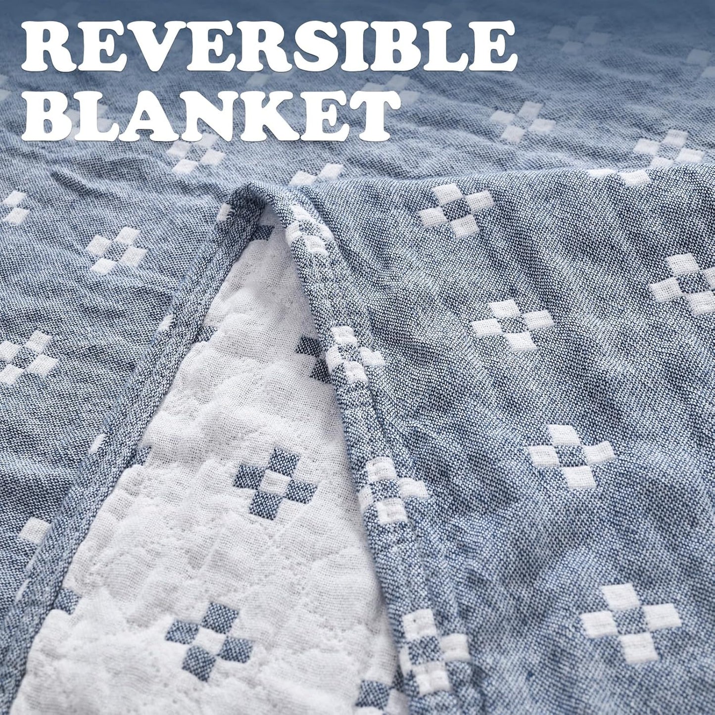 jinchan Boho 100% Cotton Blanket Muslin Lightweight Twin Size Quilted Throw Blanket for Couch Soft Cozy All Season Blanket 3-Layer Floral Throw Cotton Blanket for Bedroom Decor Blue 60x80 Inches