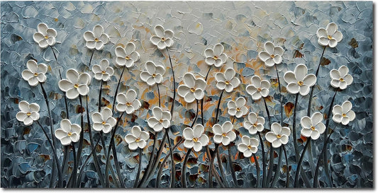 White Flower Canvas Wall Art Painting Hand-Painted Contemporary Art Works Living Room, Bedroom, Dining Room Wall Decoration 24x48 Inch