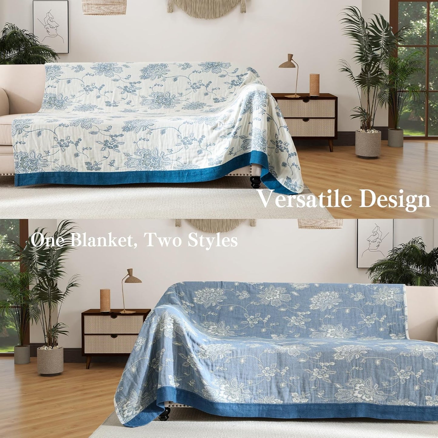 Boho Throw Blanket Full Size, Extra Large Soft Cozy Cotton Muslin Quilt Blanket for Bed Decor, Floral Patterned Couch Sofa Chair Cover, Vintage Farmhouse Cottage Woven Blanket, Blue&White