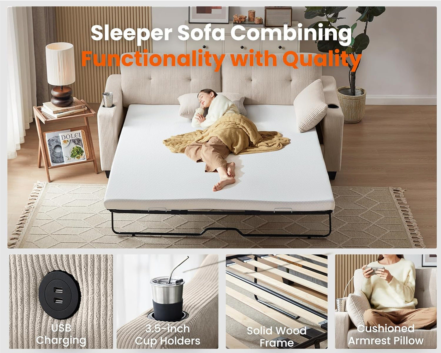 Pull Out Sofa Bed, Full Size Sleeper Sofa, 2-in-1 Convertible Corduroy Couch with USB Charging, Memory Form Couch for Living Room, Apartment and Small Space (Corduroy Beige, Queen Size)