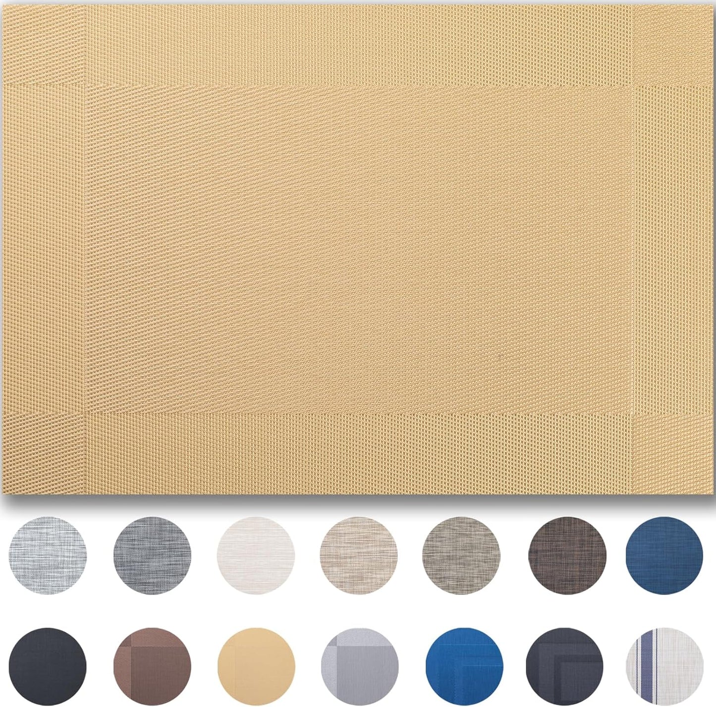 Placemats Set of 12 - Easy Clean Woven Vinyl Placemats for Dining Table, Indoor/Outdoor Place Mats, Washable PVC Table Mats（Gold Cube）