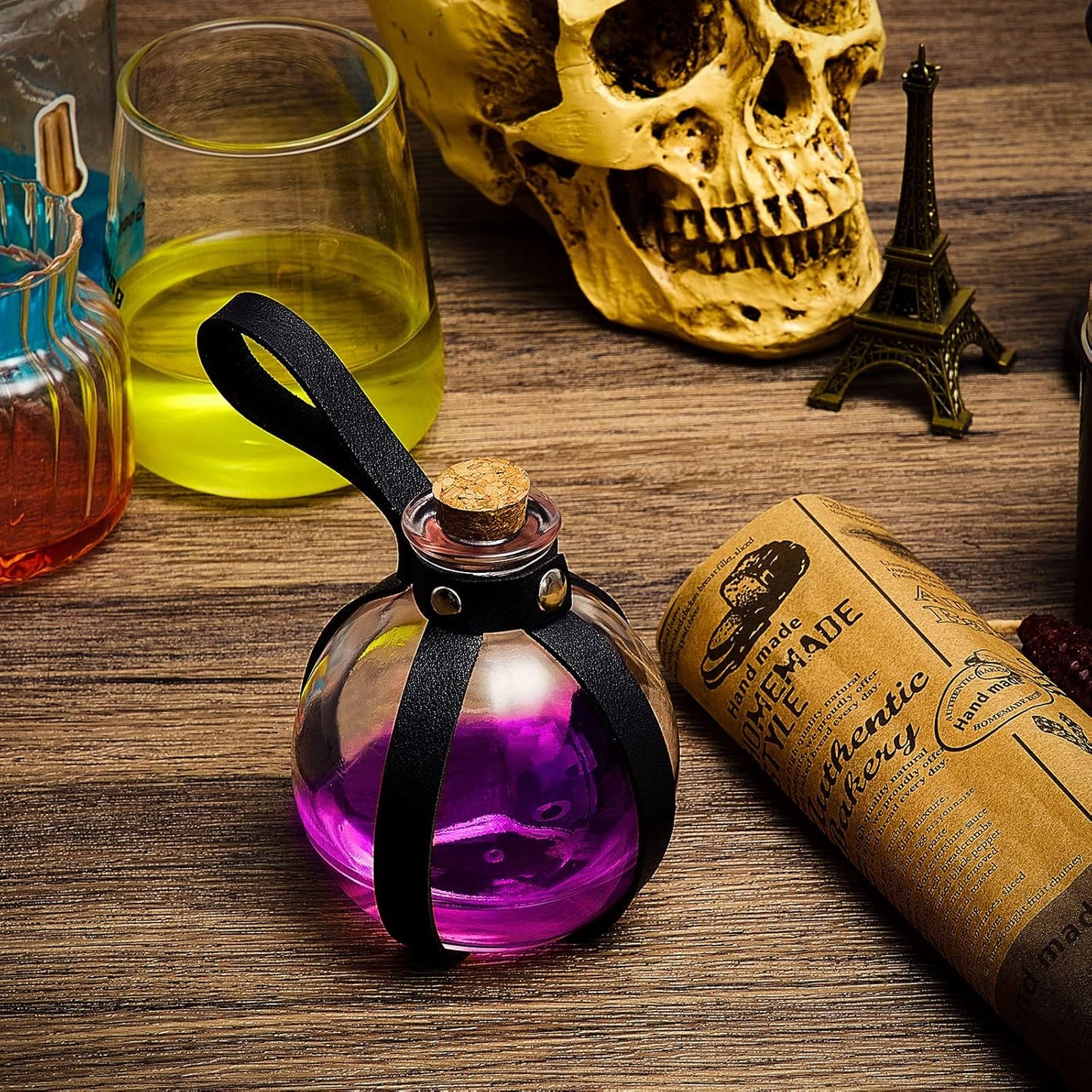 Patelai 6 Pcs Halloween Glass Potion Bottles with Belt Cork Renaissance Witch Costume Accessories Witch Props Potion Bottle for Halloween Party Decor Cosplay DIY Crafts Gift (Black)