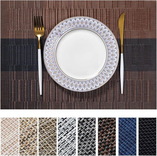 LEXMORE Placemats Set of 8 Vinyl/Plastic Woven Place Mats for Kitchen Table Indoor/Outdoor Washable Placemat Wipeable Dining Table Mats(Ombre Brown Black)