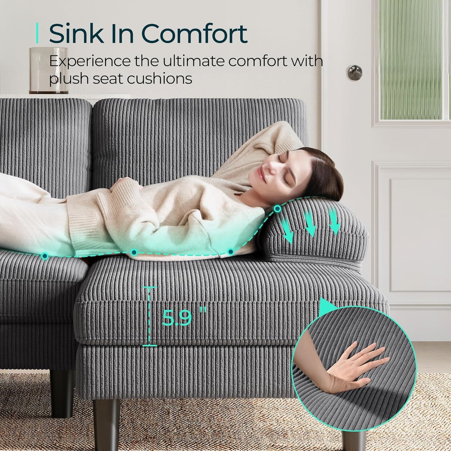 LINSY HOME Sectional Couch, 111'' W Corduroy U Shaped Sofa with Sleepable Armrests, 4 Seat Couch with Double Chaises, Deep Sofa for Living Room, Grey