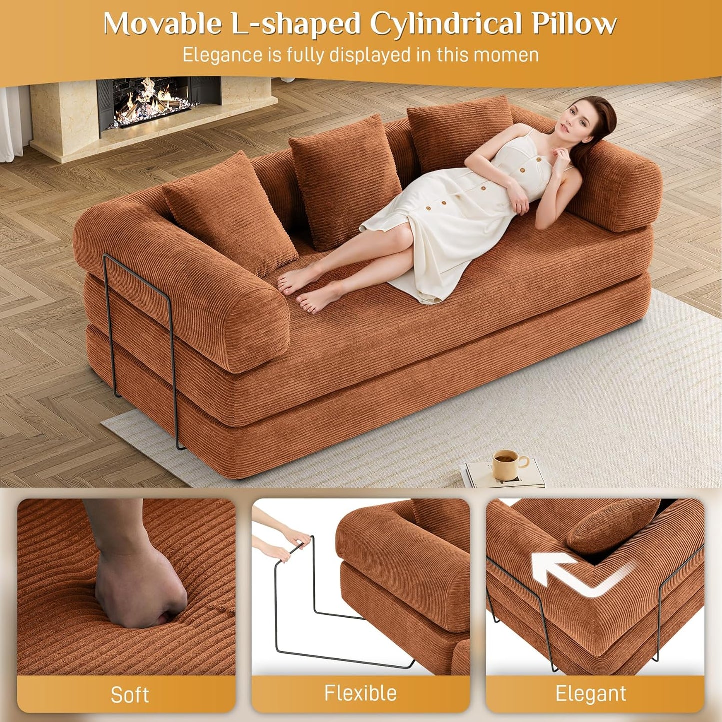 Convertible Sleeper Sofa Bed with Pillow, 4-in-1 Corduroy Folding Mattress Couch with Fixed-Shape Frame, Futon Fold Out Floor Sofa Cama Lounge Couch for Living Room Bedroom, Orange