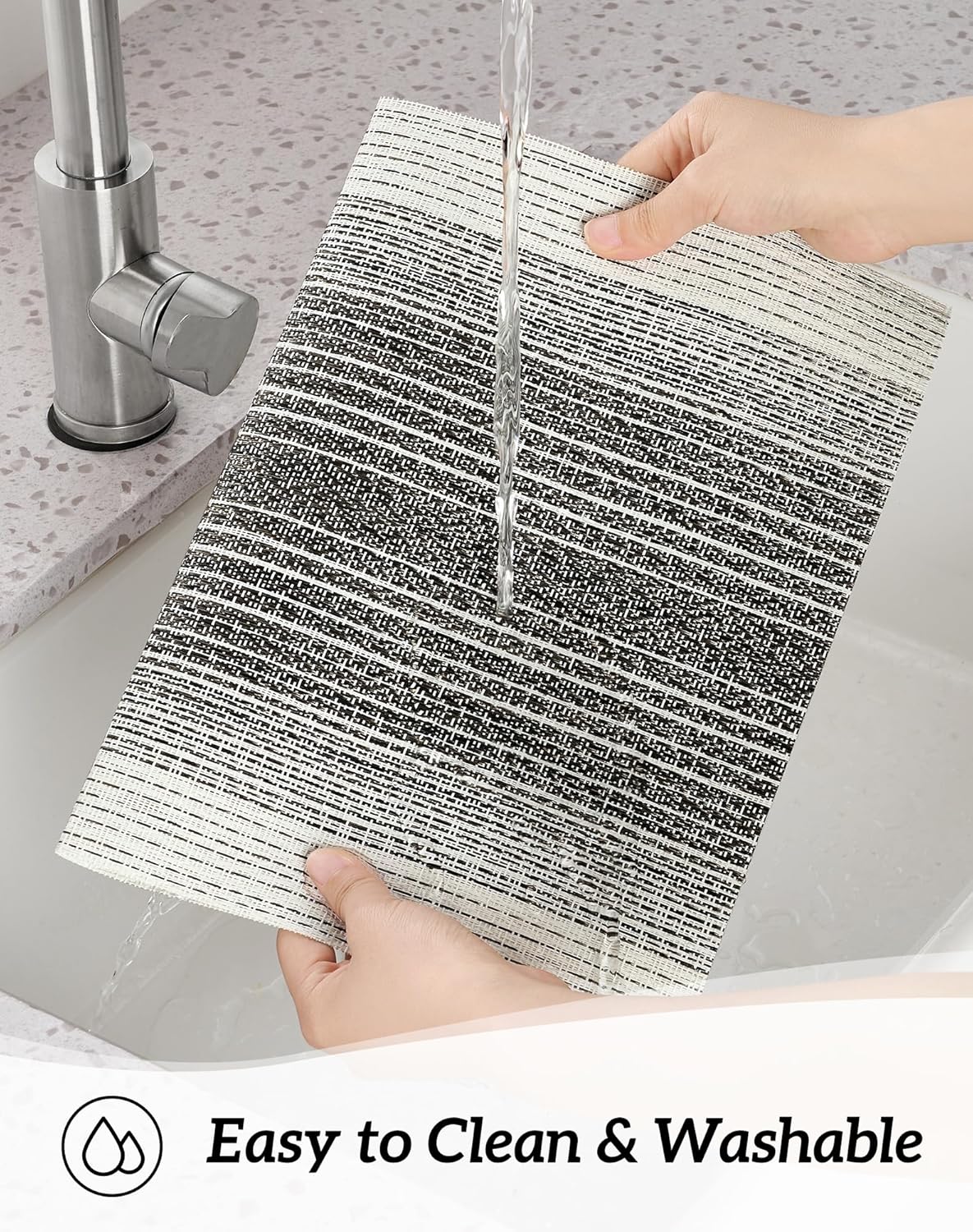 Leetaltree Black with White Woven Placemats Set of 6 - Heat Resistant Non-Slip Place mats for Dining Table, Washable Durable PVC Vinyl Woven Table Mats(Black with White, 6)