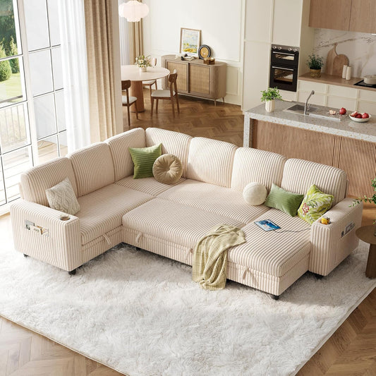 LINSY HOME Sectional Sleeper Sofa with Pull Out Couch Bed - Convertible Plush Corduroy Cloud Couch with Storage Chaise & USB Charging, Comfy Modular Couches for Living Room, Beige