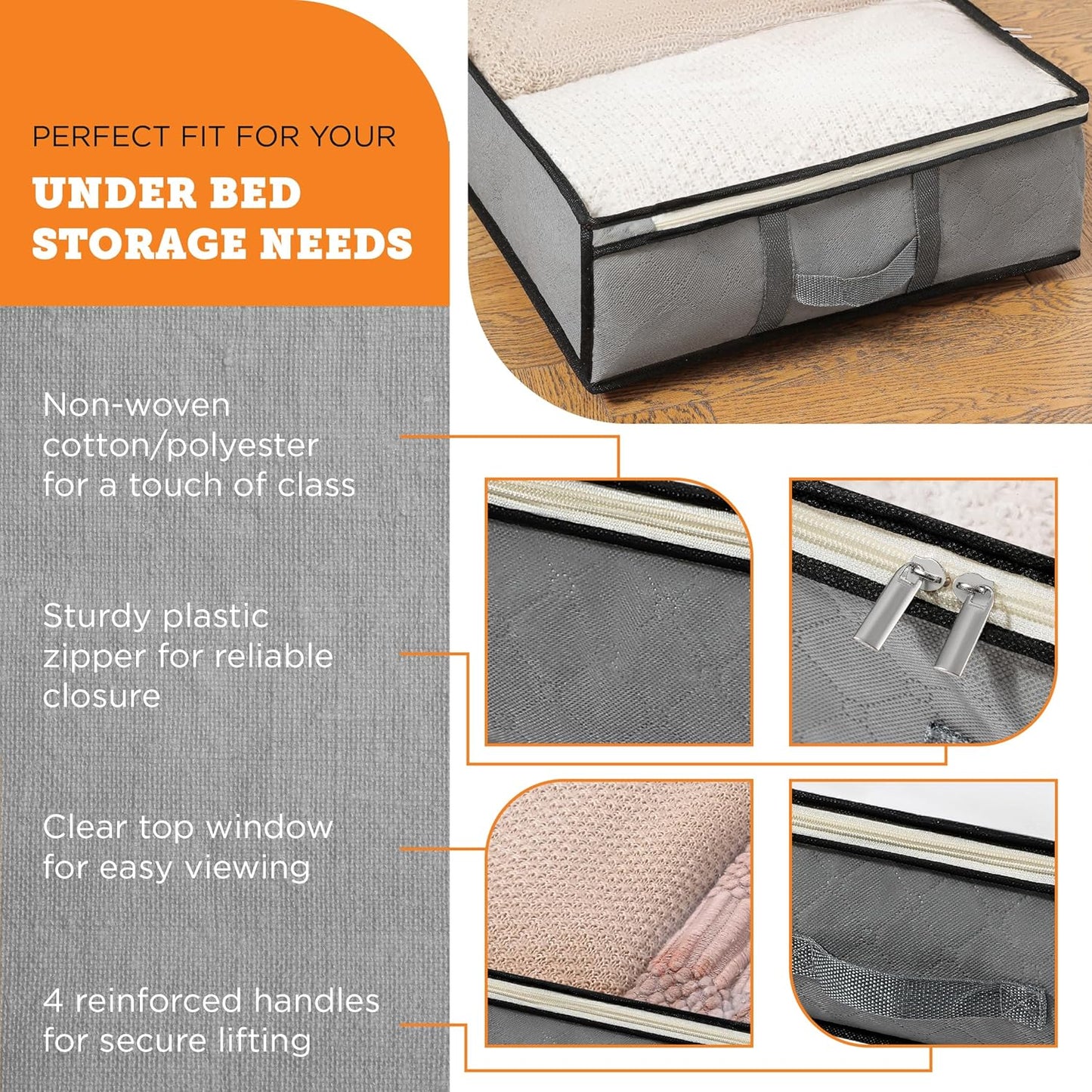 storageLAB Under Bed Storage Containers - Foldable Closet Organizer with Clear Top, Sturdy Handles - 7L Capacity Storage Box for Clothing, Comforter, Blanket, and Shoe - 2 Pack, Soft-Sided, Gray