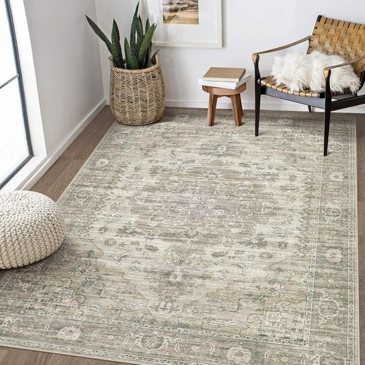 Washable Area Rugs for Living Room - 5x7 Neutral Vintage Distressed Floral Farmhouse Boho Large Soft Floor Rug Indoor Non Slip Carpet for Living Room Bedroom Dining Room Office - Brown/Tan