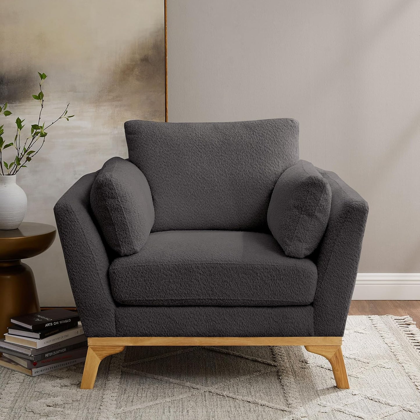 Large-Sized Accent Chair, Thick Cushion Bedroom Reading Chair, Comfortable Living Room Single Sofa， Boucle Dark Gray