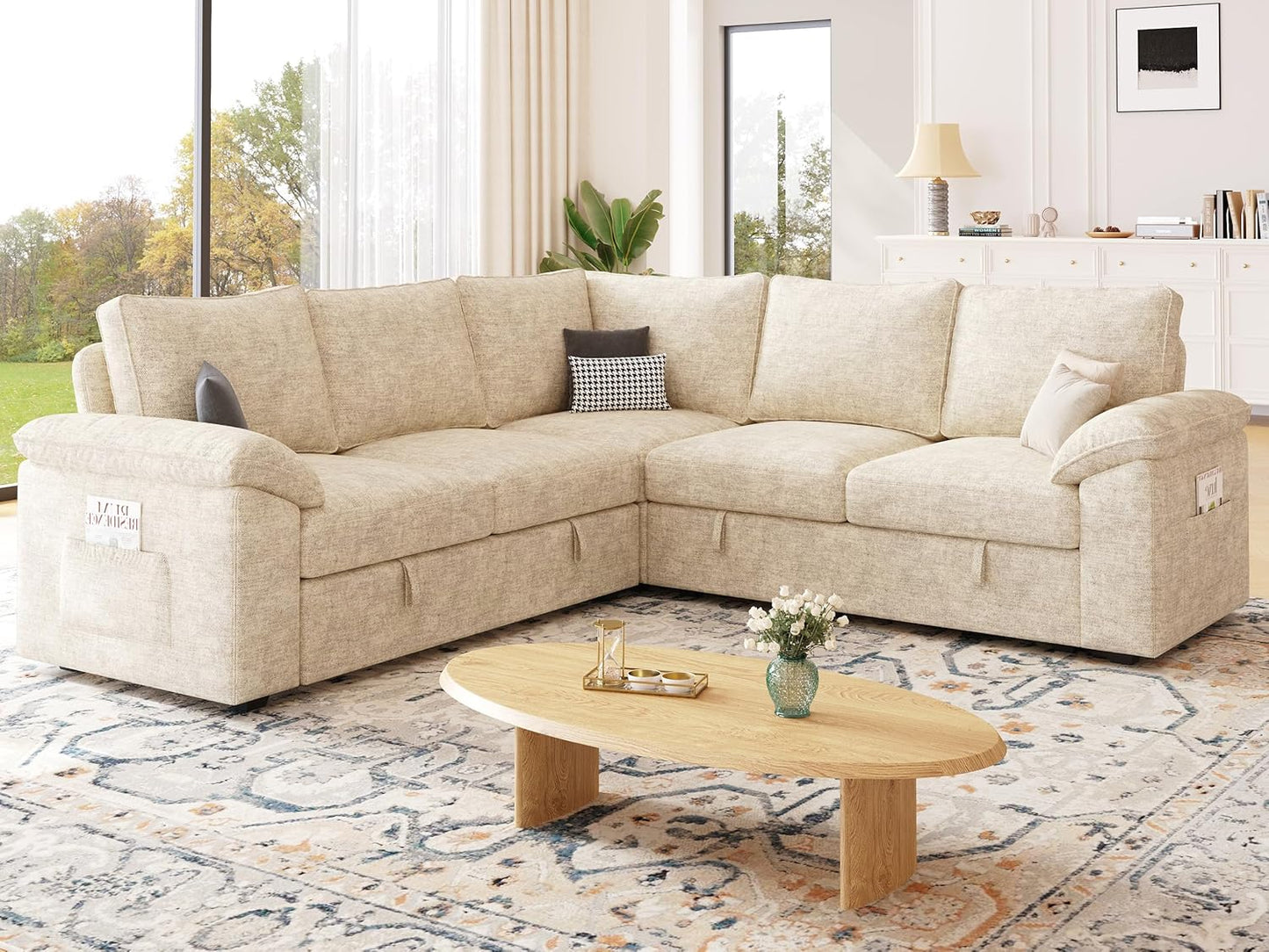 85 Inch Sectional Sleeper Sofa with Pull Out Bed,L Shaped 5 Seat Modular Sectional Sofa with Storage,Sectional Couches for Living Room,Cloud Modular Couch,Removable Sofa Cover,Beige