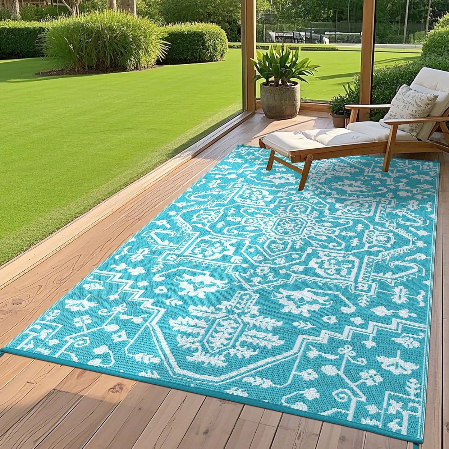 Waterproof Outdoor Rug 9x18 Reversible Plastic Straw Patio Rug, Stain-Resistant Vintage Medallion Carpet, Large Indoor Outdoor RV Mat for Deck, Camping, Balcony, Light Blue/White