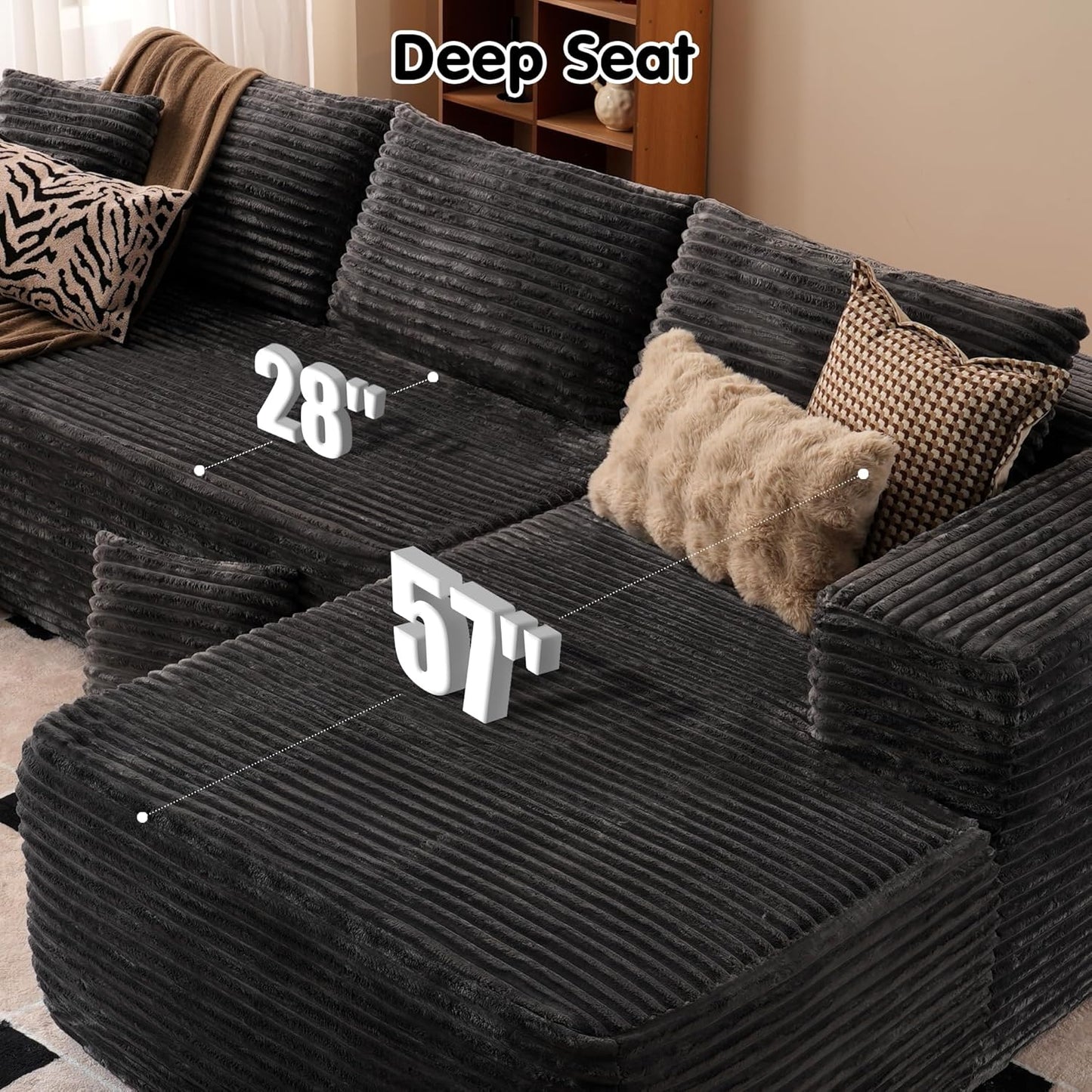 ovios 104" Cloud Sectional Couch with L-Shape Chaise,Modern Modular Sofa with Deep Seat, Upholstered Couches for Living Room Bedroom,No Assembly Required, Grey (Plush Corduroy Fabric)