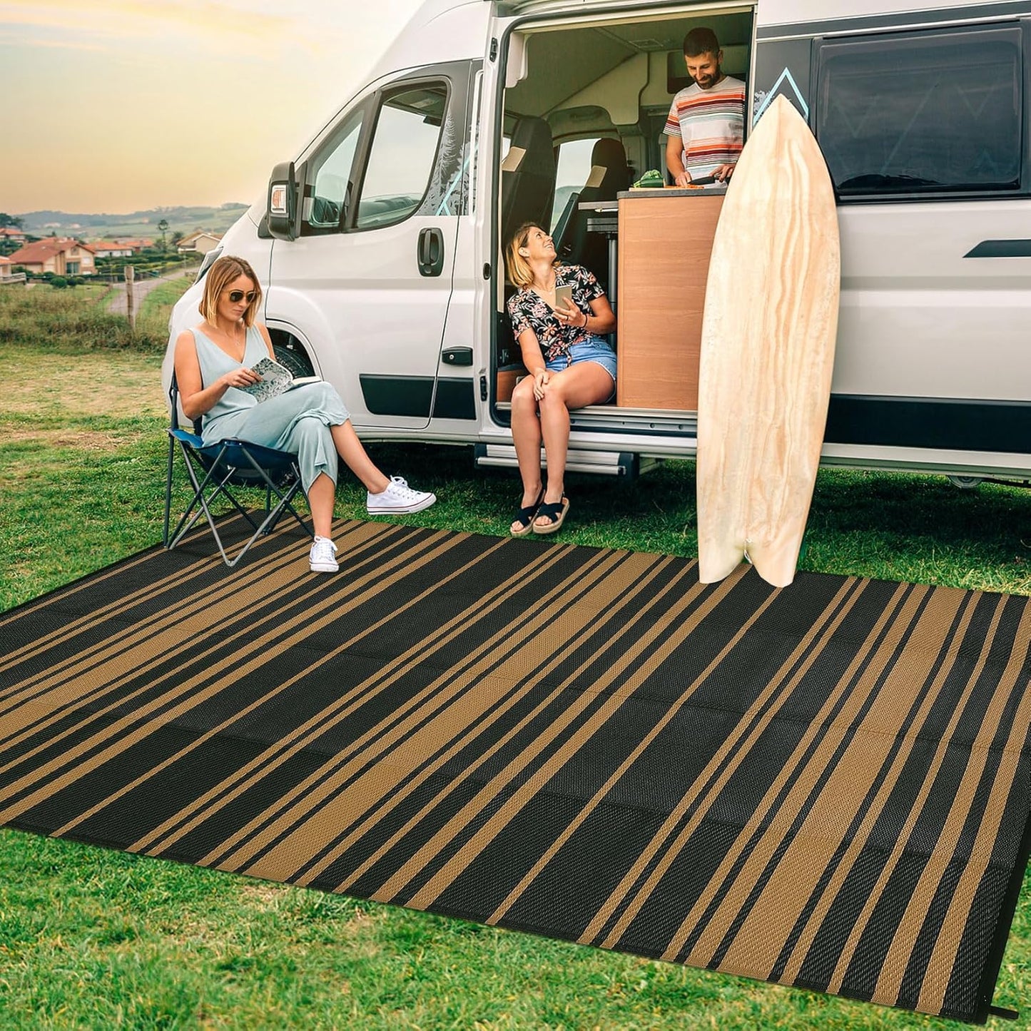 Outdoor Patio Rug 9x12 Stain-Resistant Reversible Camping Mat, Modern Striped Outdoor Plastic Straw Rug, Waterproof Outside Carpet, Easy to Clean for RV, Porch, Deck, Balcony, Black Brown