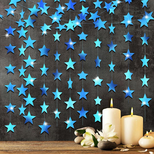 Patelai Glitter Star Garland Banner Decor 130 Feet Star Hanging Bunting Banner Twinkle Backdrop for Homecoming Classroom Wedding Birthday Halloween Christmas Party Supplies(Holographic Blue)