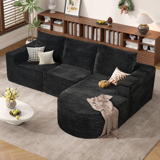 Modular Sectional Sofa with L-Shape Chaise,Cloud Sectional Modern Sleeper Couch with Deep Seat,Sponge Compression Sofas No Assembly Required (Black-Sherpa Fabric) 1PCS