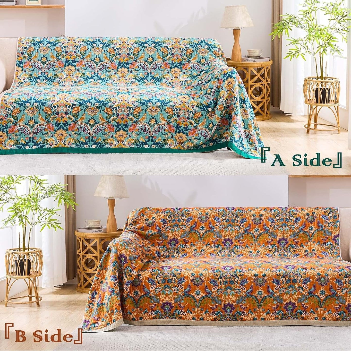 Boho Blanket Throw Quilt, 100% Cotton Soft Light Weight Throw Blankets for Summer, 50"x60" Farmhouse Flower Decorative Blankets, All Season Rustic Reversible Bohemian Throw Quilt