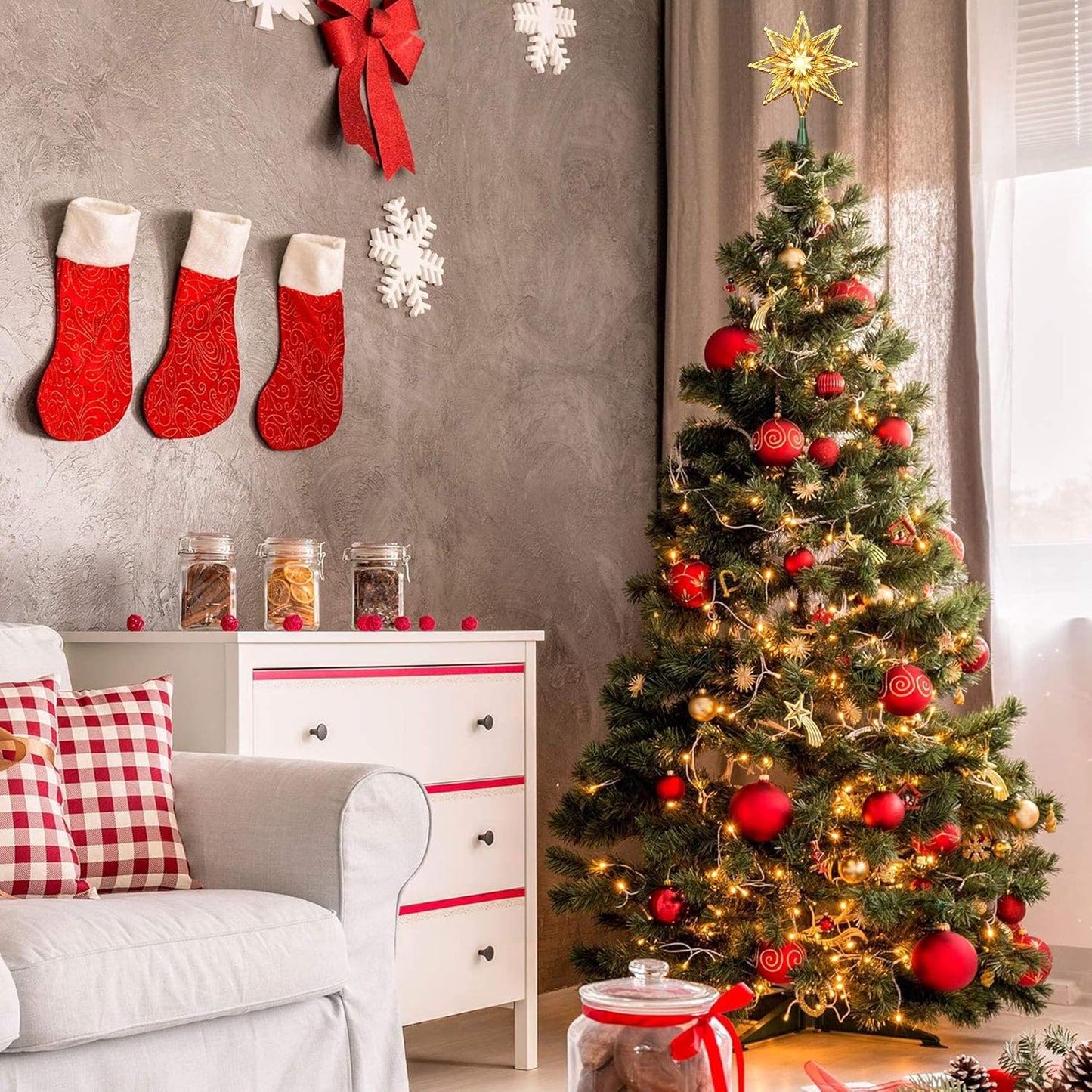 ODEETRONIC Christmas Star Tree Topper, 8 in 120V UL Certified Double Sided 8-Point Star Christmas Treetop Lights, Indoor Lighted Xmas Treetop for Bedroom Home Party Wedding Decor, Gold, Warm White