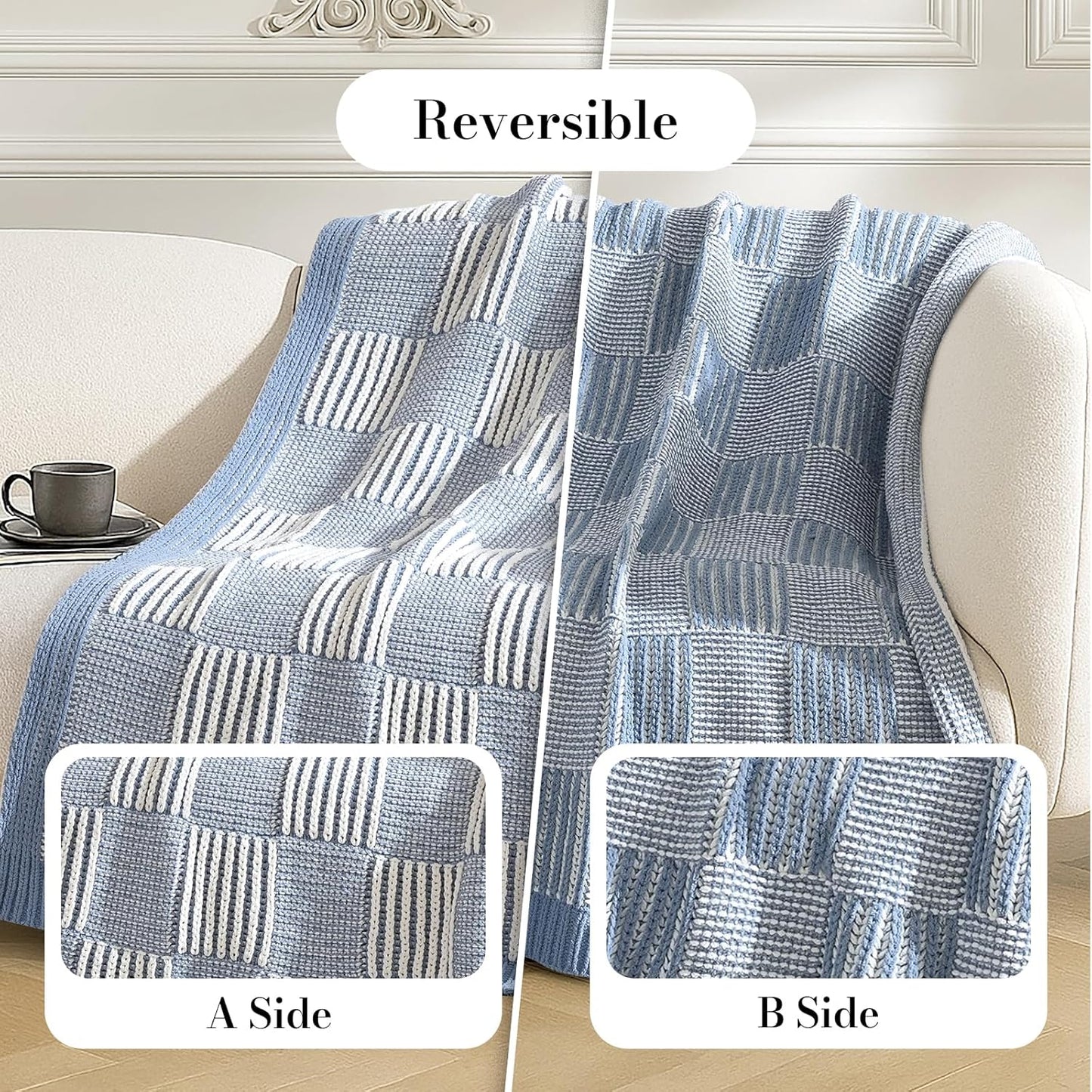 Amélie Home Chenille Knit Throw Blanket for Couch, Checkered Texture Decorative Soft Blanket for Sofa, Bed & Living Room, 50"x60", Blue & White