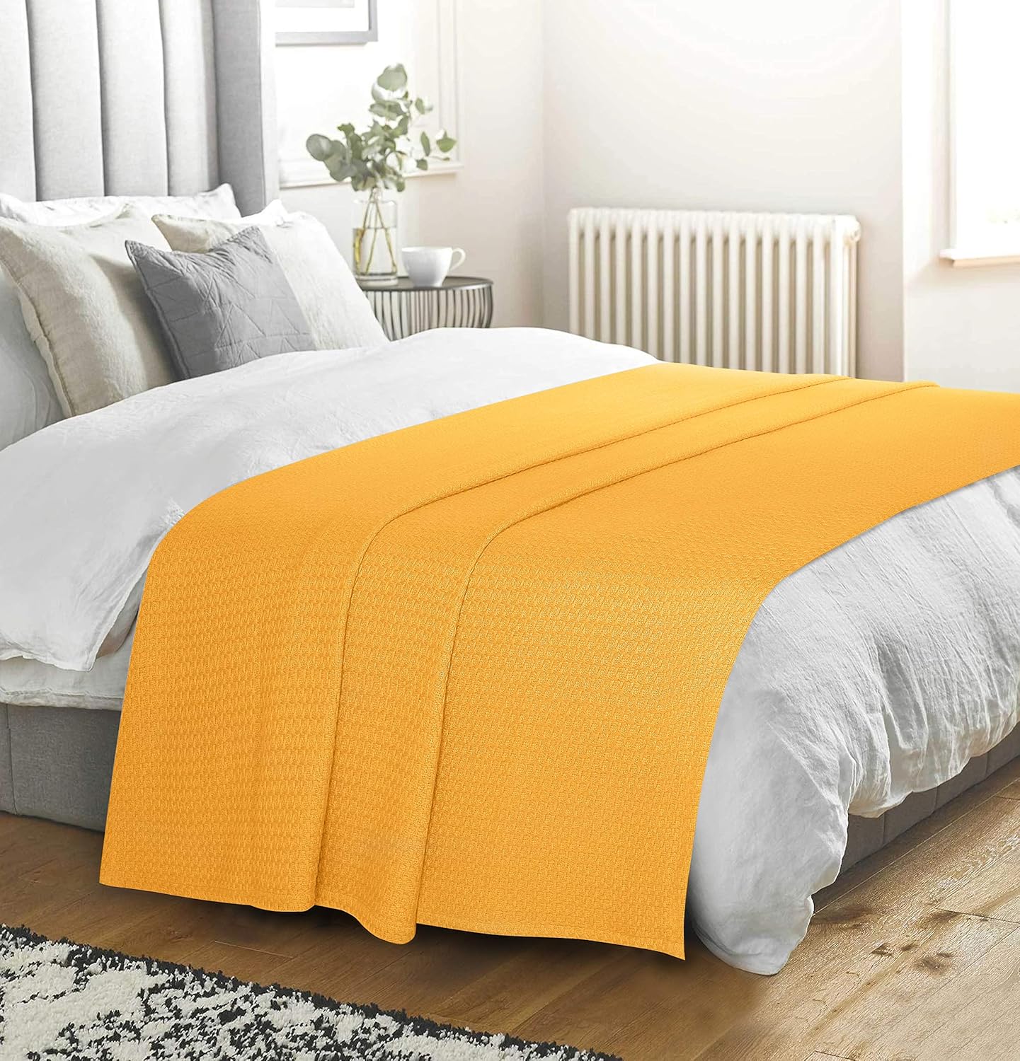 BELIZZI HOME 100% Cotton Bed Blanket, Breathable Bed Blanket King Size, Cotton Thermal Blankets King, Perfect for Layering Any Bed for All Season, Mustard Yellow